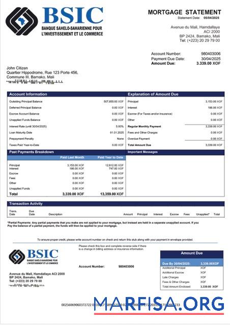 Downloadable Mali BSIC Mali mortgage statement Word and PDF template